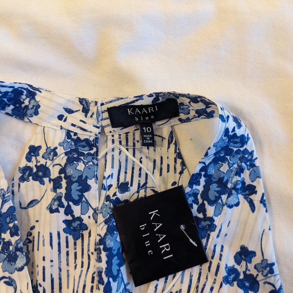 Blue & White Floral Blouse with Tie Front Kaari 10 - Picture 3 of 5
